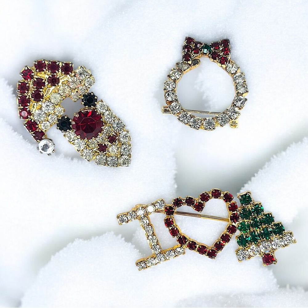 3 Gorgeous 90’s Vintage Christmas Rhinestone Pin Brooches